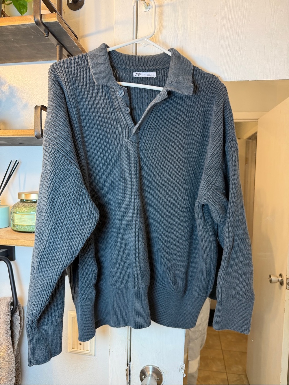 Zara Men's Green/Charcoal Knit Cotton Polo Sweater